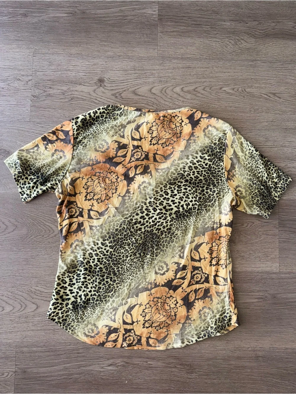 Fashion Bug Vintage Floral & Animal Cheetah Print Lace-Up Women's Blouse Mustard